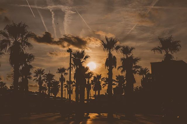 Sun setting by the Barceloneta beach.